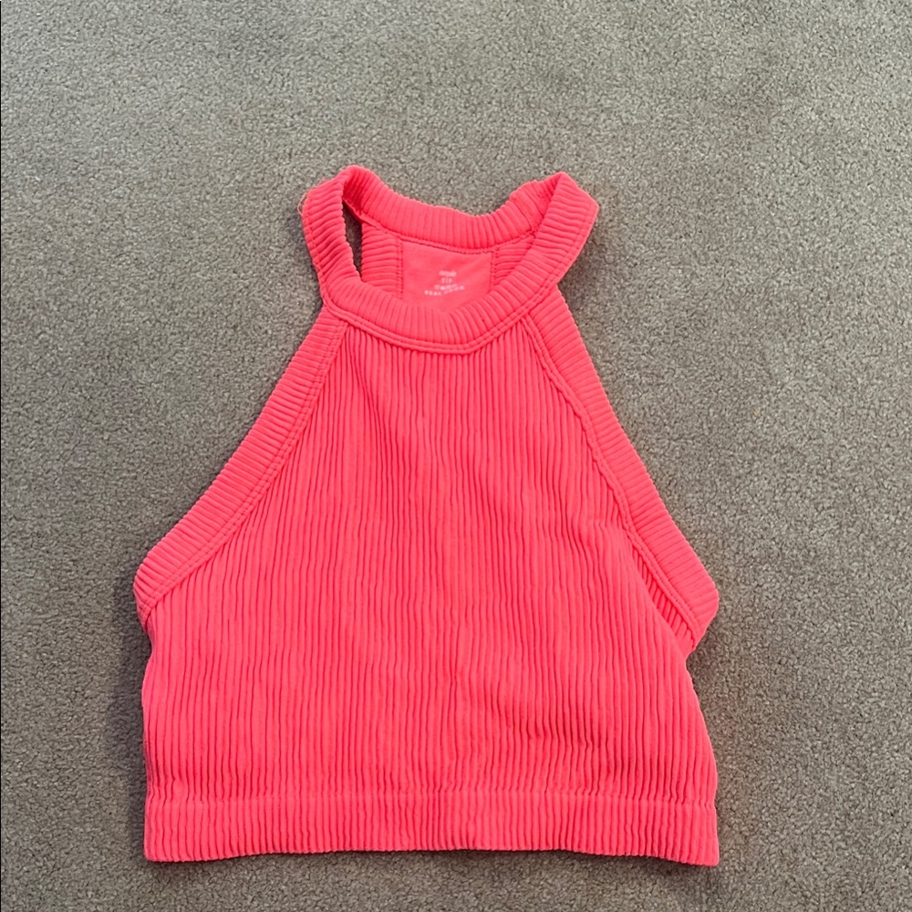Ribbed High Neck Cropped Tank Top - Hot Pink